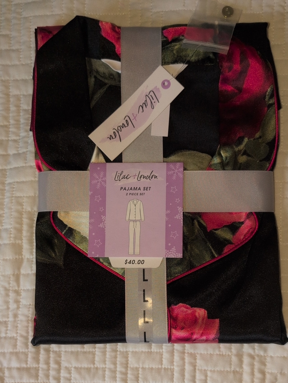 Lilac + London Black Satin Pajama Set with Pink Floral Trim